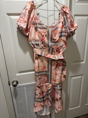 Scarf-Print Puff Sleeve Midi Dress in Blush Pink